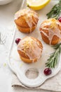 Muffins, cakes with cranberry and lemon on a white board. Royalty Free Stock Photo