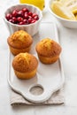 Muffins, cakes with cranberry and lemon on a white board. Royalty Free Stock Photo