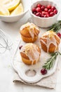Muffins, cakes with cranberry and lemon on a white board. Royalty Free Stock Photo
