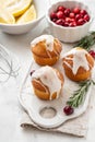 Muffins, cakes with cranberry and lemon on a white board. Royalty Free Stock Photo