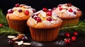 Muffins, cakes with cranberry, rosemary and almond nuts. Christmas decoration. Generative AI