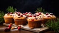 Muffins, cakes with cranberry, rosemary and almond nuts. Christmas decoration. Generative AI