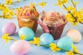 Muffins with chocolate, colorful Easter eggs and forsythia branches