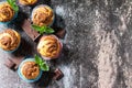 Muffins with chocolate and mint on the background of dark slate. Top view flat lay background. Royalty Free Stock Photo