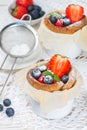 Muffins with cottage cheese and fresh strawberries and blueberries in toasted bread, delicious Breakfast Royalty Free Stock Photo