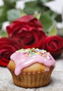 Muffins covered with pink icing and colorful sprinkles Royalty Free Stock Photo