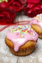 Muffins covered with pink icing and colorful sprinkles Royalty Free Stock Photo