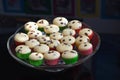 Muffins or cupcakes on the glass bowl or plate detailed Picture. Homemade muffins with chocolate pieces isolated.