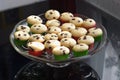 Muffins or cupcakes on the glass bowl or plate detailed Picture. Homemade muffins with chocolate pieces isolated.