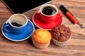 Muffins and cups of coffee.