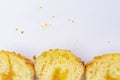 muffins cut on a white background with crumbs
