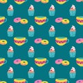 muffins  doughnuts  a mug of tea on a green background. Vector seamless pattern. Wallpaper  print Royalty Free Stock Photo