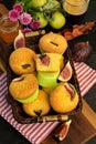 Muffins with fresh figs in a basket, on the table