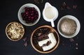 Muffins ingredients: milk, muesli, frozen cherry, flax flour, banana and chocolate