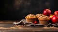 Muffins. Muffins cupcakes apple slices with apples on wood table. Cake dessert. Horizontal photo, Minimalism. AI generated