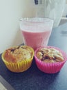 Muffins smoothie breakfast healthy cupcakes glass strawberry milkshake Royalty Free Stock Photo