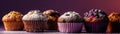 Muffins Standing On Gradient White Purple Background Wide Panoramic. Generative AI Royalty Free Stock Photo