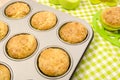 Muffins in a tray and on green napkin. Royalty Free Stock Photo