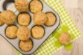 Muffins in a tray on green napkin. Royalty Free Stock Photo