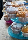 Muffins in a vintage tier cake stand.