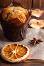 Muffins on wooden plate with dryed oranges, apples and cinnamon