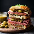 Muffuletta: Sicilian Sesame Bread Sandwich with Olive Salad, Cheese, and Meats