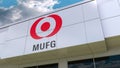 MUFG logo on the modern building facade. Editorial 3D rendering