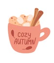 Mug with autumn drink with marshmallow and cinnamon. Hot drink. Autumn and winter holidays. Coffee, cocoa, cappuccino, and