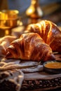 mug bakery background food background cup bokeh croissant table drink morning breakfast. Generative AI.