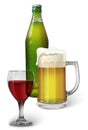 A mug of beer, a bottle of beer, a glass of red wine Royalty Free Stock Photo