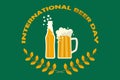 Mug of beer and beer bottle. Happy international beer day poster background. Vector illustration in flat style.