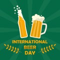 Mug of beer and beer bottle symbol. Happy international beer day poster background. Vector illustration in flat style. Royalty Free Stock Photo