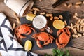 Mug of beer with crabs on a wooden surface Royalty Free Stock Photo