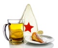 Mug with beer and fish on a plate and a bathing cap with red sta Royalty Free Stock Photo