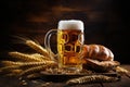 mug of beer with foam on the table with spikelets of wheat and bread