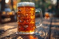 Mug of beer with foam on a wooden table in a pub Generative AI Royalty Free Stock Photo