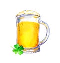 Mug of beer and four leaves clover. Saint Patrick day symbols watercolor. Traditional irish holiday celebration drink