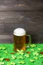 Mug of beer, shamrock leaves and leprechaun gold coins on green grass, dark wooden planks background. Saint Patricks Day banner, Royalty Free Stock Photo