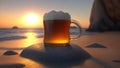 mug of beer on stone with beach sunset view photography