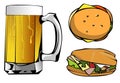 Mug of beer and two burgers