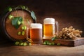 Mug of beer, wheat ears, green hops and beer barrel Royalty Free Stock Photo