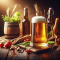 A mug of beer with white foam on a wooden table with various food products and beer bottles around it. The background is