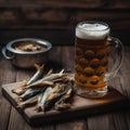 A mug of beer on a wooden table and dry dried fish. AI generative Royalty Free Stock Photo