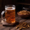A mug of beer on a wooden table and dry dried fish. AI generative Royalty Free Stock Photo
