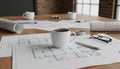 Mug of black coffee centered on wooden table covered with architectural blueprints and drafting tools, suggesting Royalty Free Stock Photo