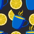 Blue cup with tea and yellow lemon slices on a black background. Seamless cute pattern Royalty Free Stock Photo