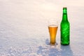 Mug and bottle of cold beer in the snow at sunset. Beautiful winter background. Outdoor recreation. Royalty Free Stock Photo