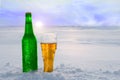 Mug and bottle of cold beer in the snow at sunset. Beautiful winter background. Outdoor recreation. Royalty Free Stock Photo