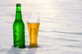 Mug and bottle of cold beer in the snow at sunset. Beautiful winter background. Outdoor recreation. Royalty Free Stock Photo