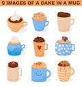 Mug cake set. Sweet pastry cooked in a coffee mug. Sweet cupcakes